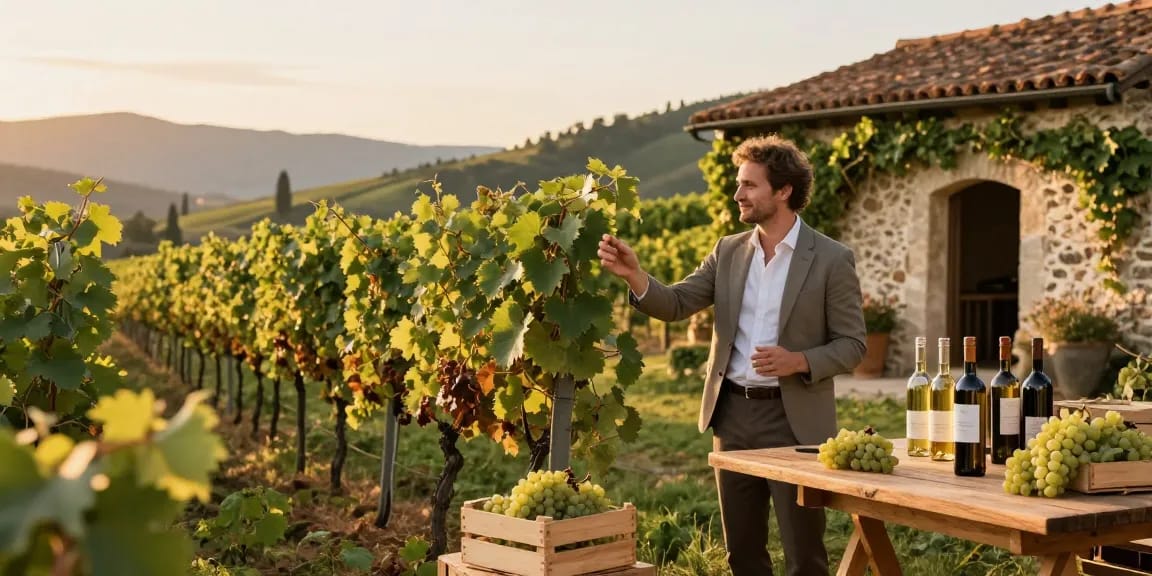Chatoo winemaker inspecting grapevines at sunset, capturing the harvest's essence.