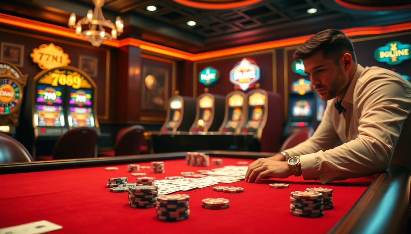 Engaging scene of a player at a casino table featuring 789p-themed poker chips and cards amidst vibrant slot machines.