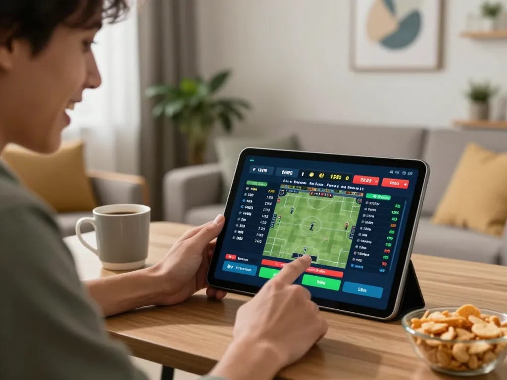Engaged user interacting with FC88 online sports betting app on tablet in stylish home setting