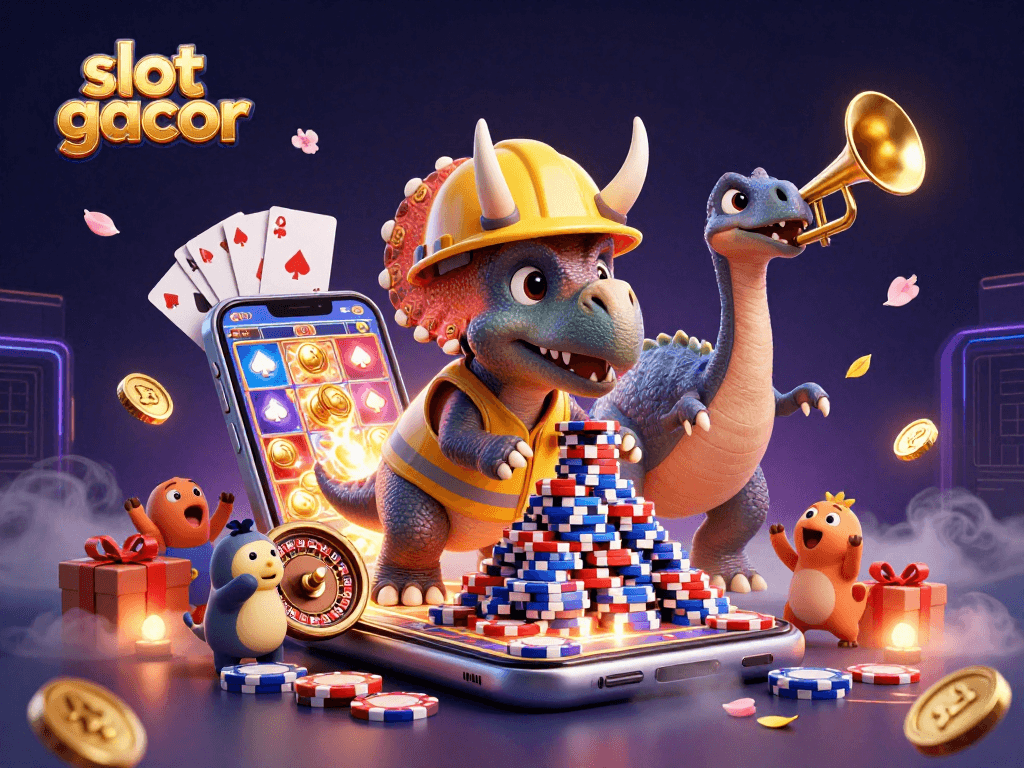 Play at slot gacor and celebrate winnings alongside vibrant casino elements in this exciting 3D digital illustration.