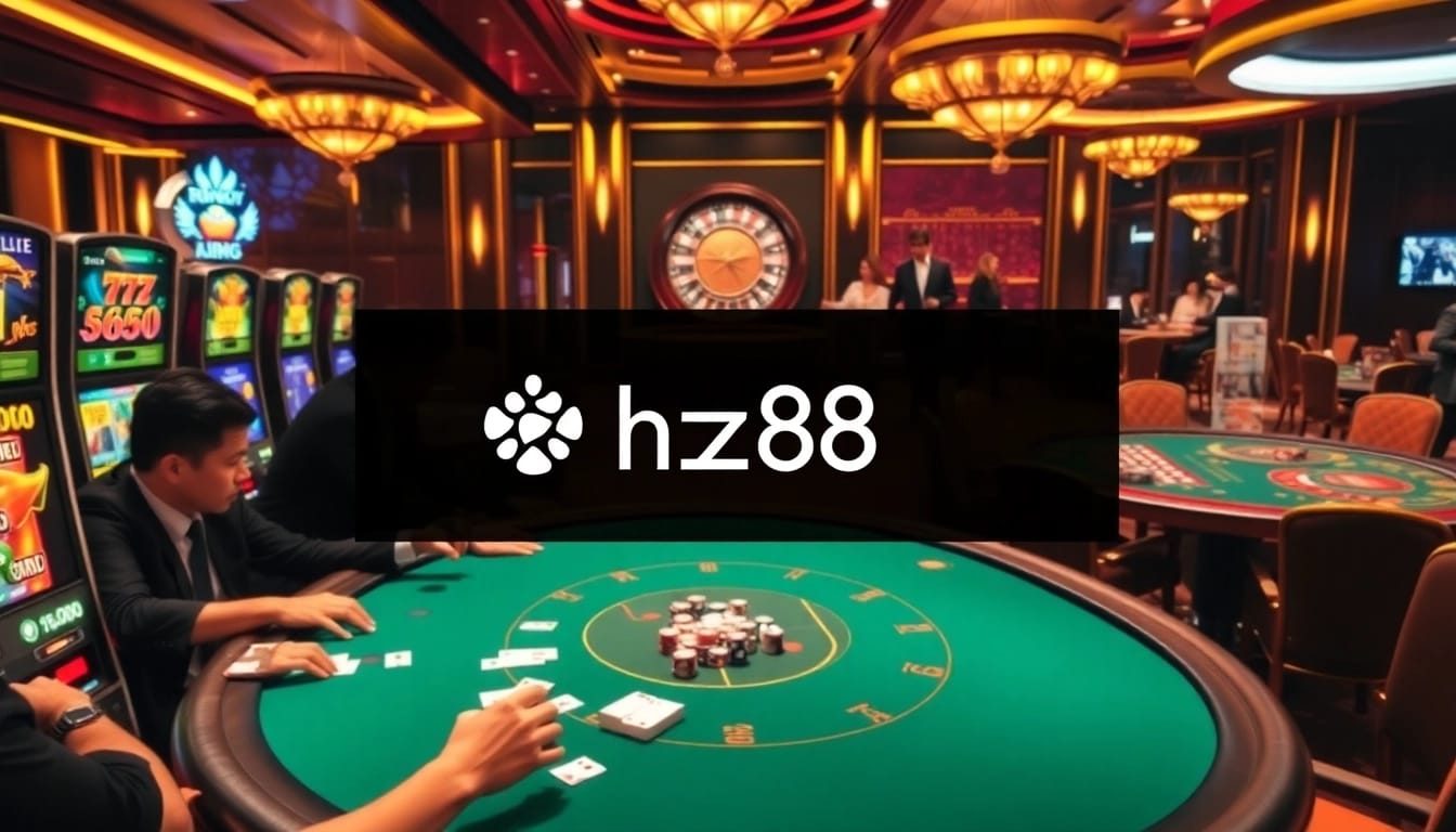 Experience thrilling gambling at HZ88 with an exciting casino atmosphere featuring poker and baccarat tables.