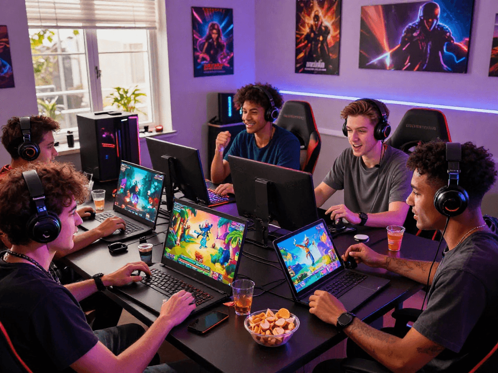 Friends enjoying porn games online together in a vibrant gaming setup.