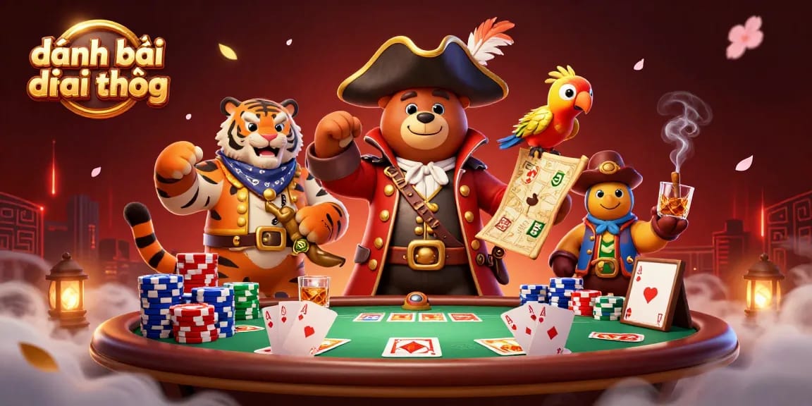 Engage with the excitement of đánh bài đổi thưởng through this vibrant 3D illustration showcasing a pirate bear and his companions at a poker table.