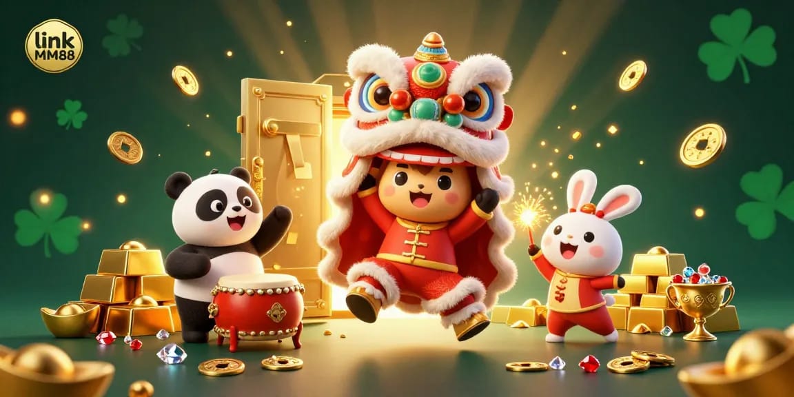 Experience thrilling gameplay at link MM88 with our vibrant casino-themed illustration featuring festive characters and treasure.