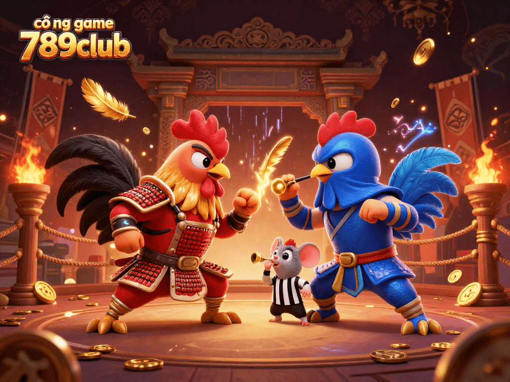Experience the excitement of cổng game 789club with dynamic rooster fighters in an epic casino scene.