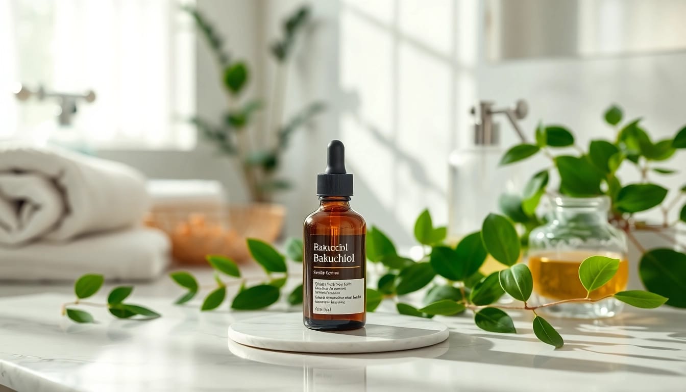 Bakuchiol serum on a marble countertop surrounded by lush plants and organic skincare products.