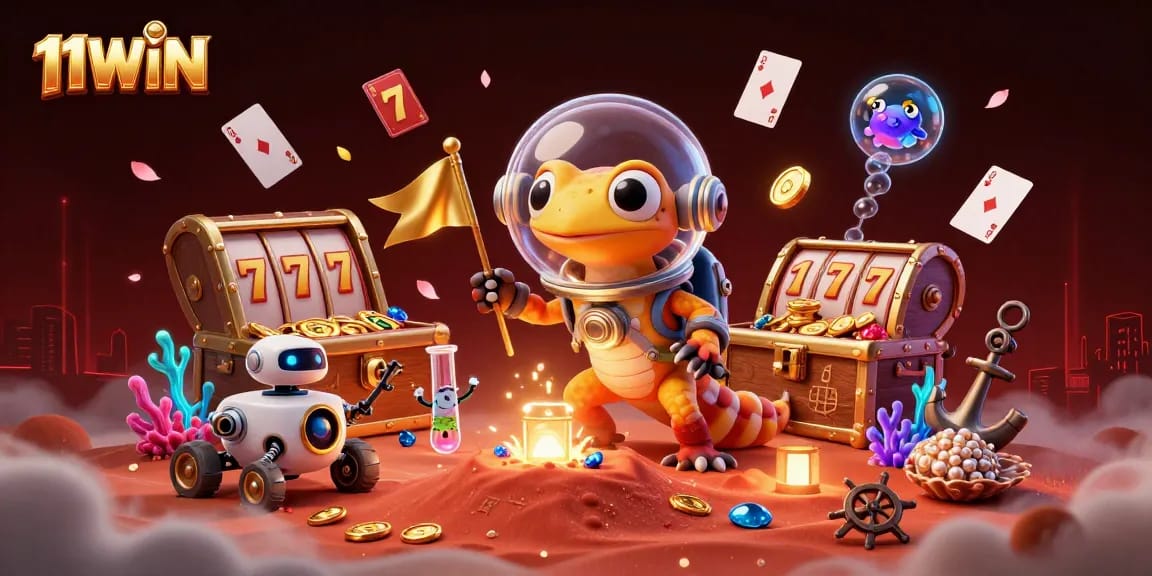 Explore thrilling gaming adventures at 11WIN with vibrant casino elements in a Martian treasure hunt.