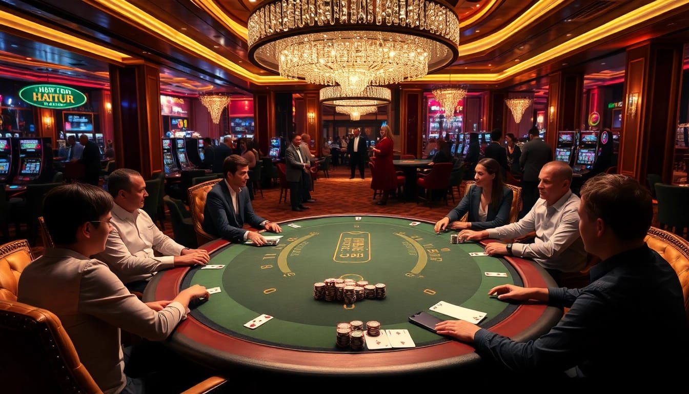 Players elevate their stakes at HITCLUB's luxurious poker table, immersed in the high-tempo gaming ambiance.