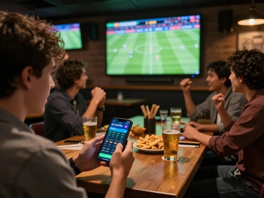 Tỷ Lệ Bóng Đá action at a busy sports bar with patrons checking live betting odds on a smartphone.