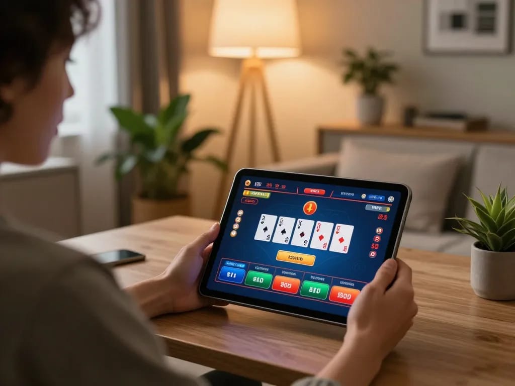 Engaging in strategic online casino gameplay with Sunwin on a tablet in a cozy home environment