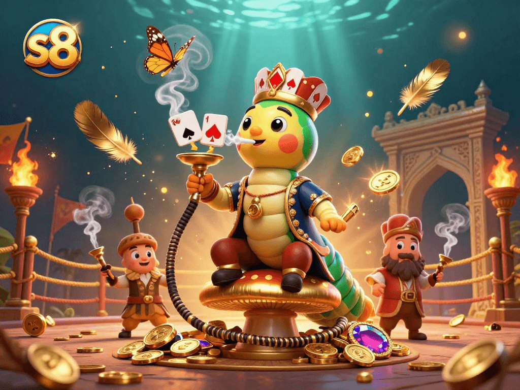 S8 captivates players in a vibrant casino scene, revealing exciting poker symbols amidst enchanting sparkles.