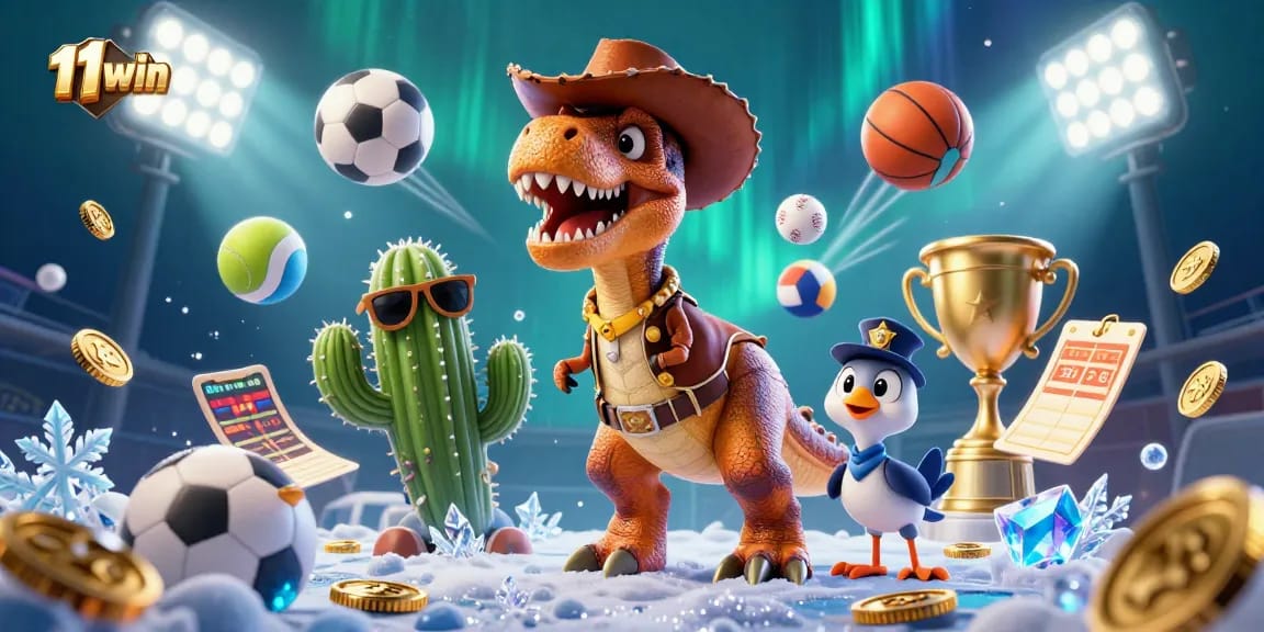 Bet on dynamic sports action with 11WIN characters in a vibrant casino scene featuring a T-Rex.