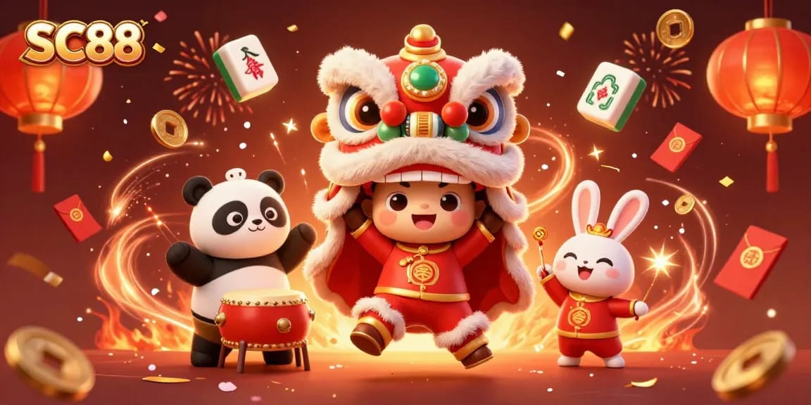 SC88 showcases vibrant casino celebration with dynamic lion dance characters and festive decorations.