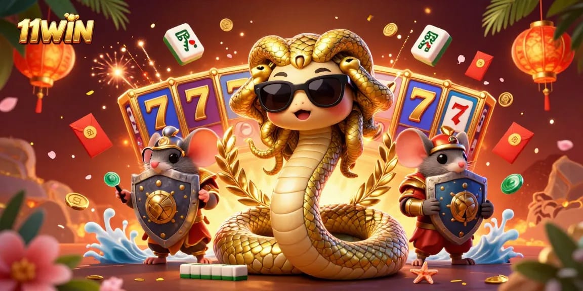 Experience thrilling gameplay at 11WIN featuring Medusa and a warrior mouse in a vibrant casino scene