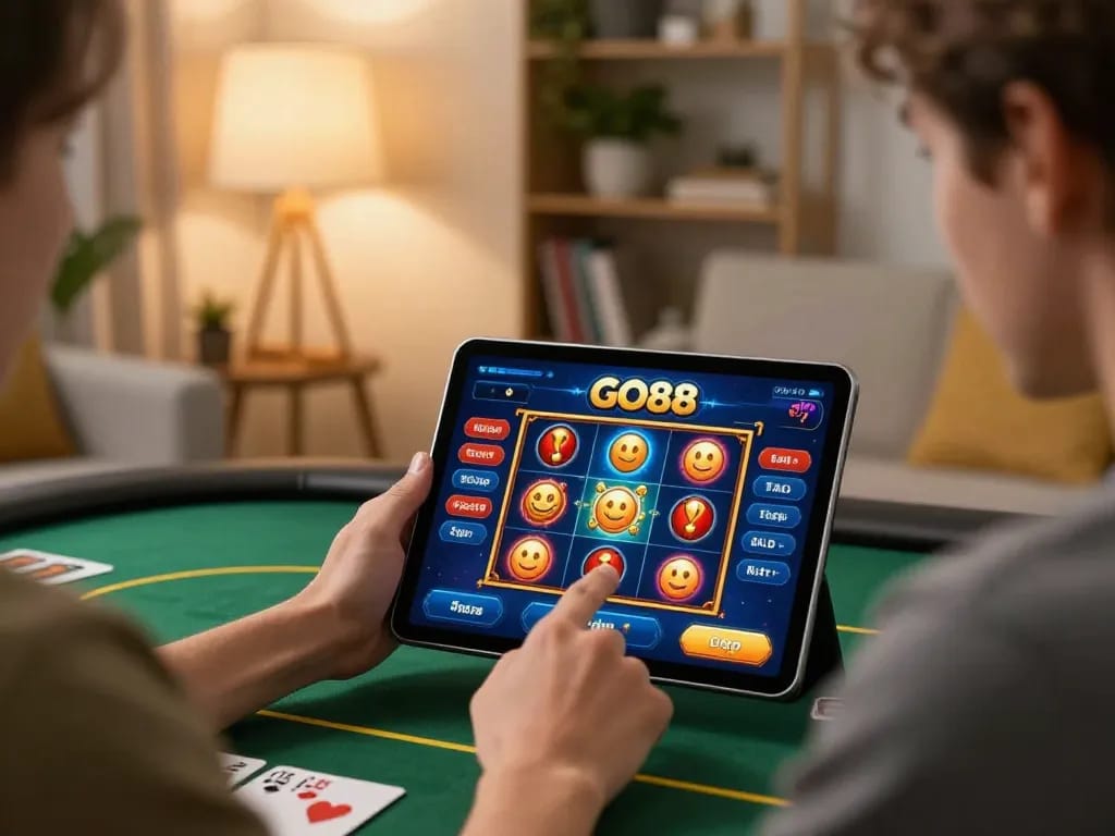 Player enjoying the GO88 casino app in a cozy home setup, highlighting online gaming excitement.