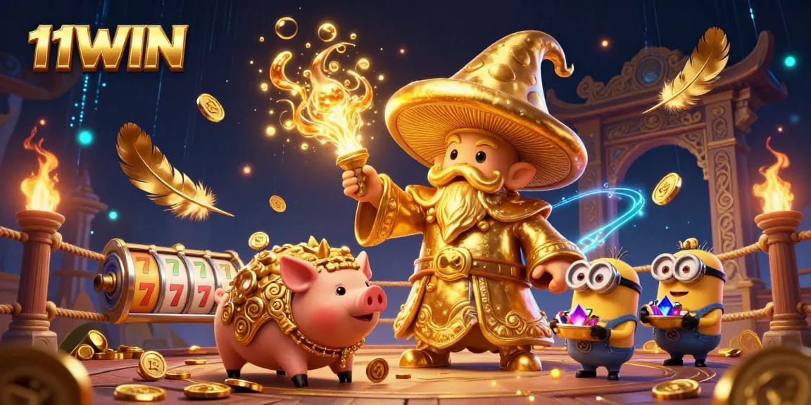 Join the magic of 11WIN with golden mushroom wizard treasures in a vibrant casino scene.