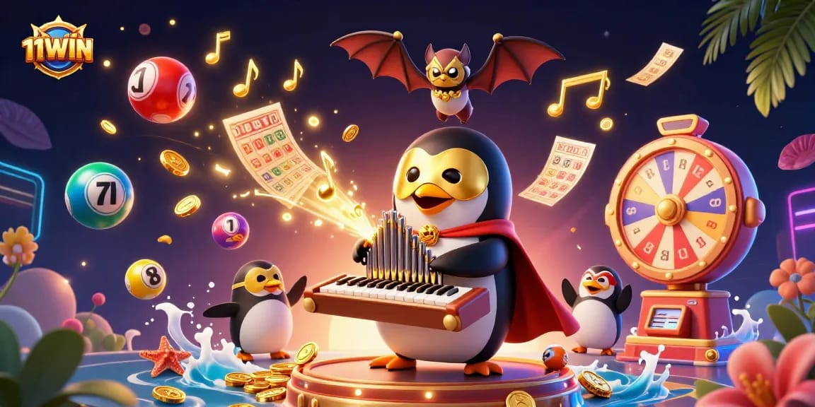 Experience thrilling moments with 11WIN as musical elements and lottery fun collide in this vibrant casino scene.