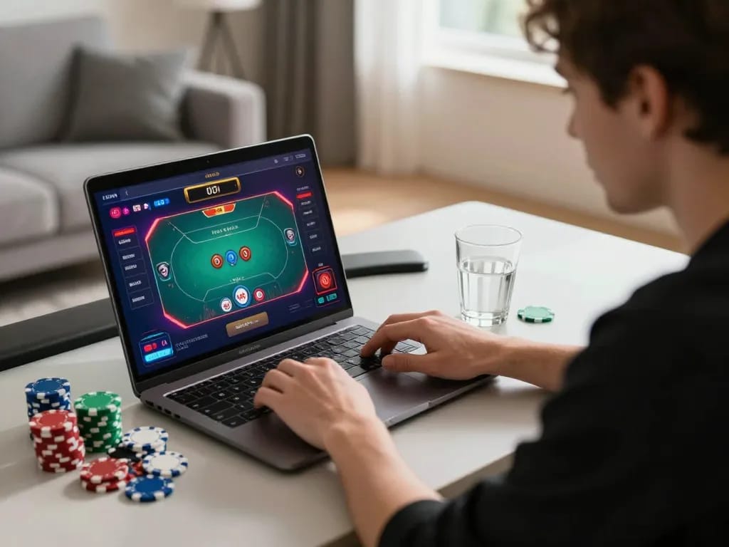 Player strategizing in the online game with 99Win poker interface during attentive gameplay