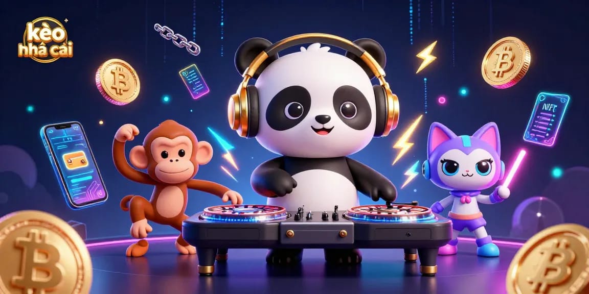 Engage in dynamic gaming excitement with kèo nhà cái as DJ panda spins neon roulette in a vibrant scene.