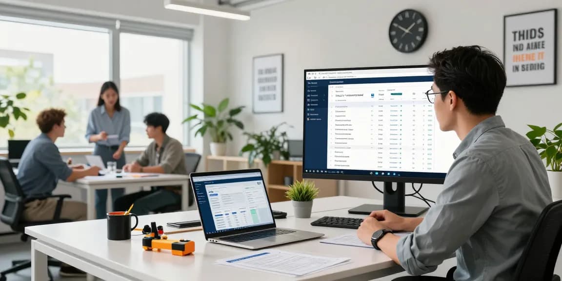 Field service management software in use with a service manager analyzing job schedules in a modern office environment.