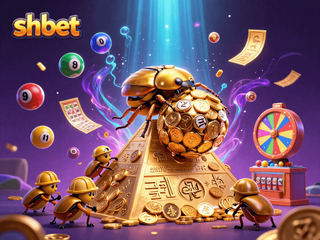 Engage with shbet's vibrant gaming world where golden dung beetles roll coins amidst colorful lottery elements.
