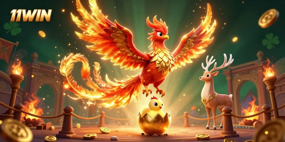 Engage with 11WIN's vibrant 3D casino art featuring a phoenix and baby emerging amidst golden coins.