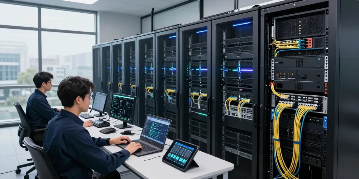 VDS satın al in a modern data center with organized servers and technicians monitoring systems.