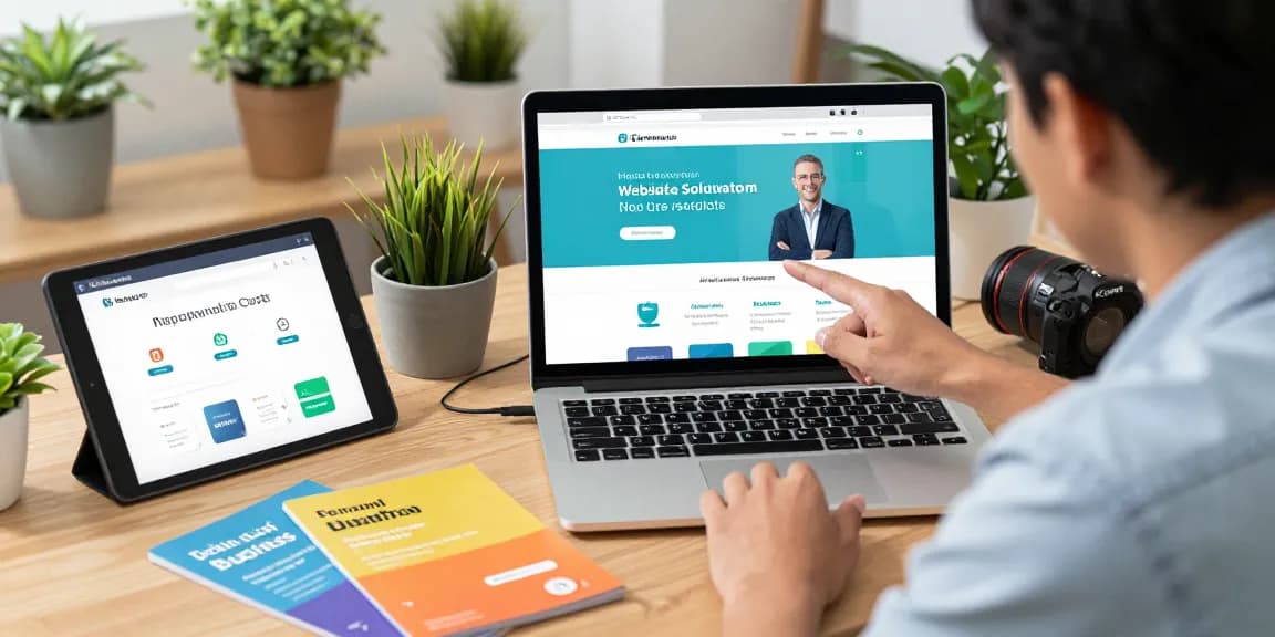 Consultant discussing websites with no upfront costs with a business owner in a modern office setting.