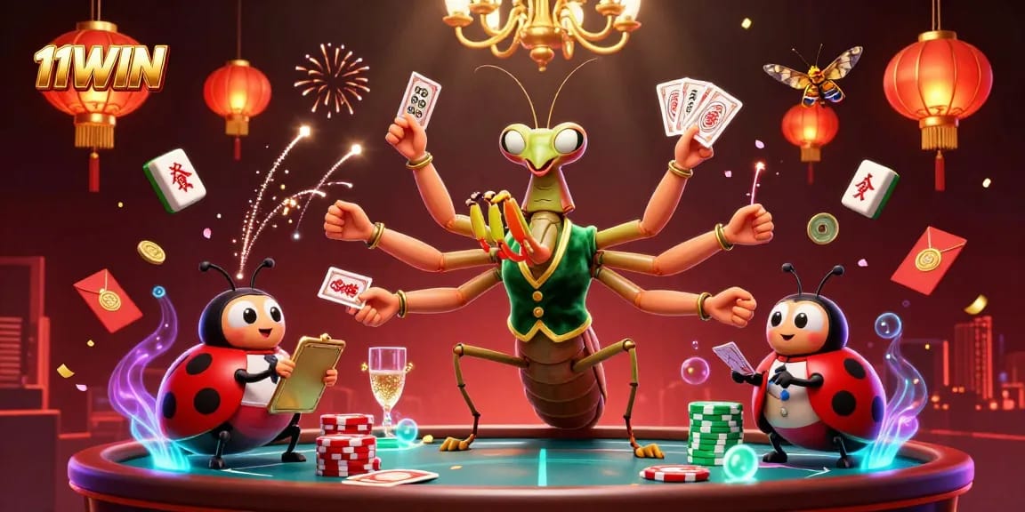 11WIN casino scene featuring a giant mantis card sharp and ladybug pit boss in vibrant decor.