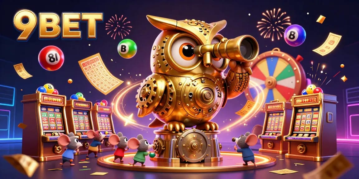Win big with 9BET in an ultra-detailed 3D casino illustration featuring vibrant games and excitement.