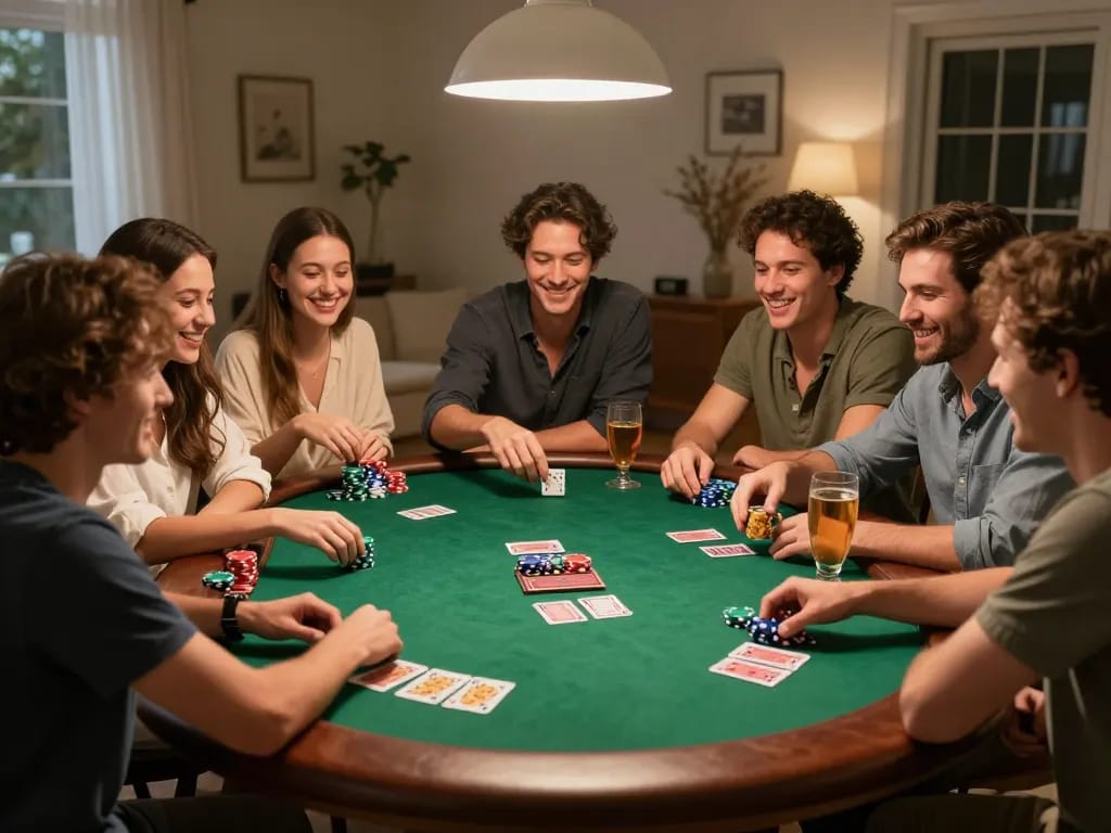 Enjoying a lively poker game at home with friends while playing C168, showcasing vibrant chips and cards.