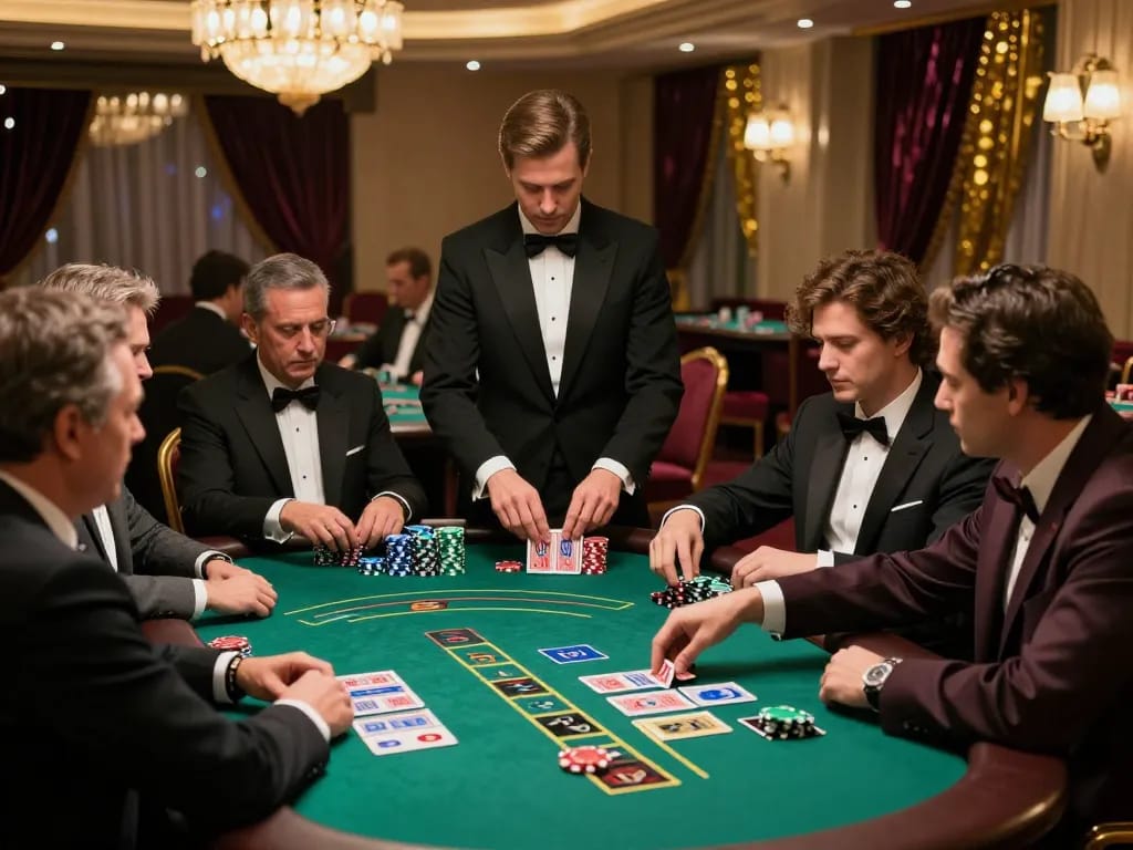 Players engage at an mb668 blackjack table, showcasing strategic gameplay with polished chips under ambient lighting.