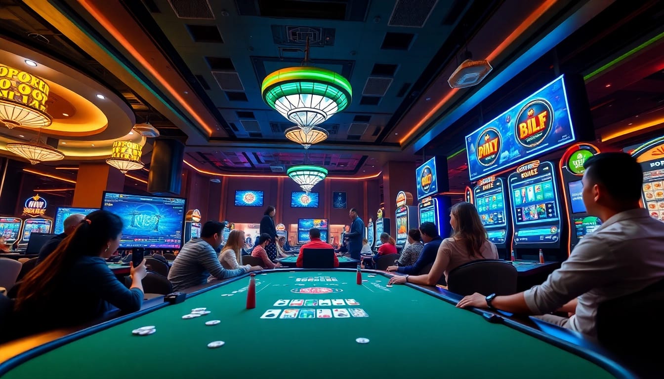 Nhatvip gaming scene featuring players enjoying poker and slots in a vibrant, luxurious online casino environment.
