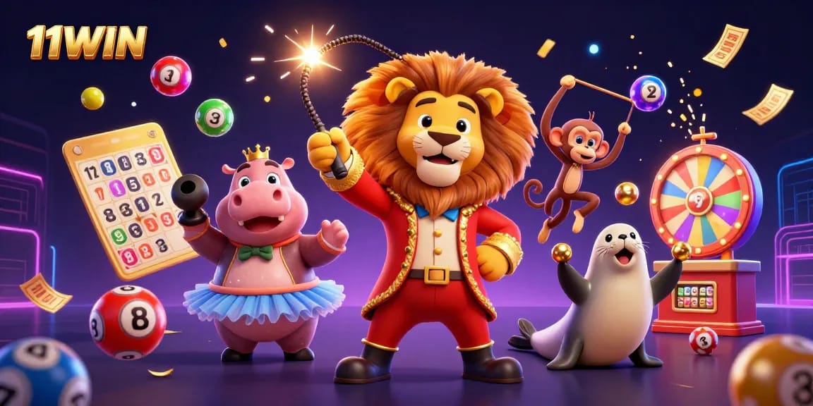 Engage with the 11WIN circus-themed casino illustration featuring a vibrant 3D spectacle.