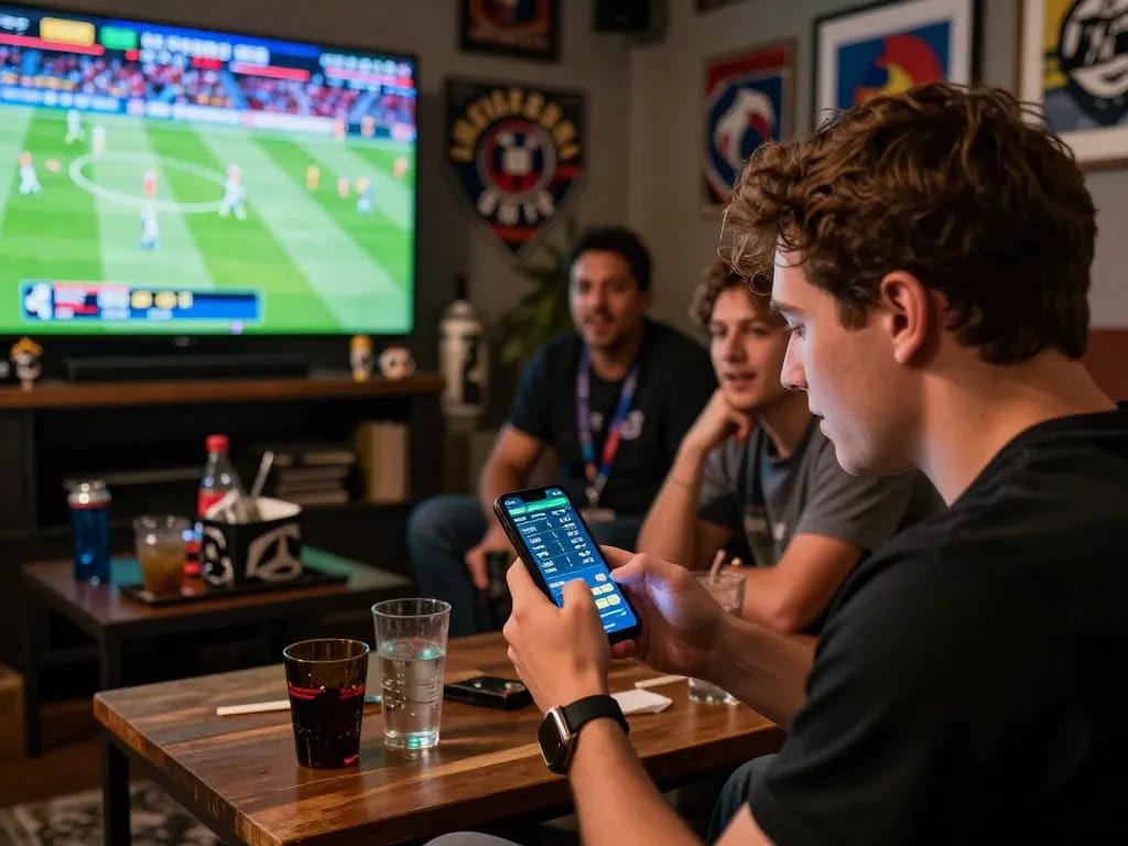 Tỷ Lệ Bóng Đá highlights a strategic sports betting moment with friends watching live events.