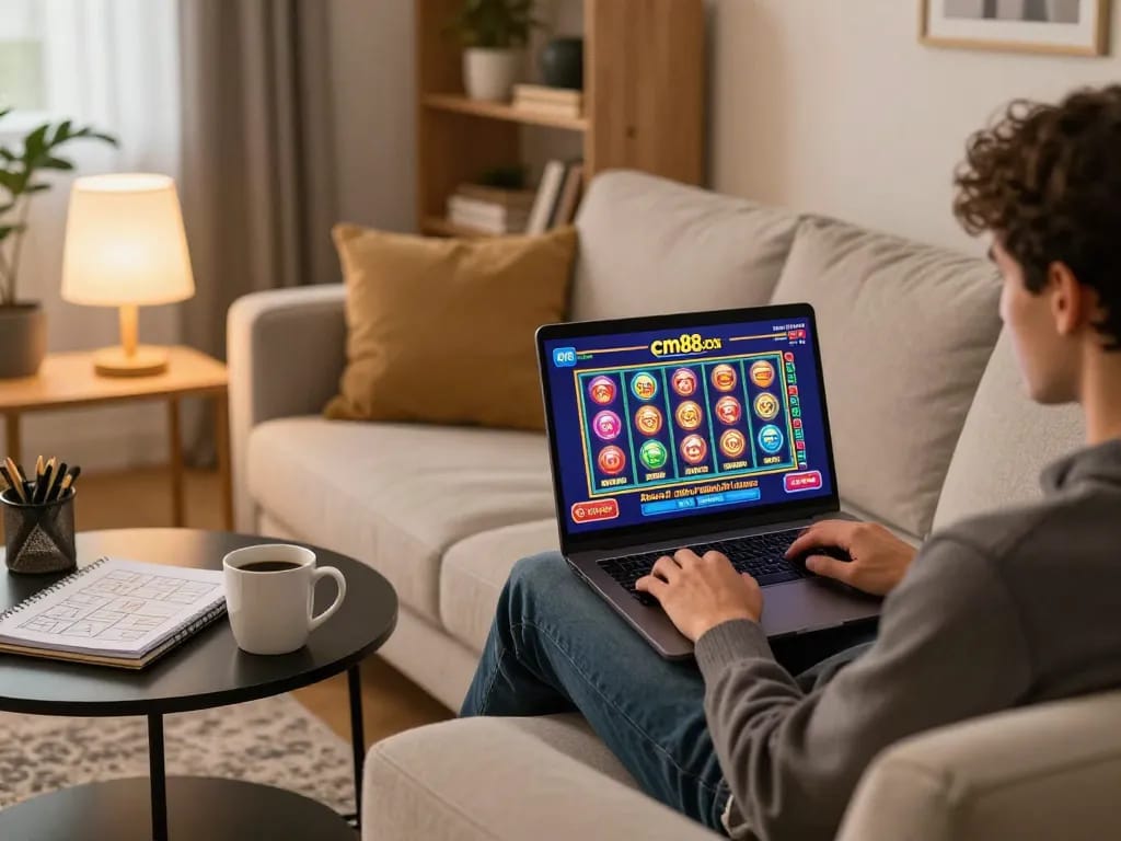 Engaged player using cm88 com for online gaming on a cozy sofa with warm lighting.