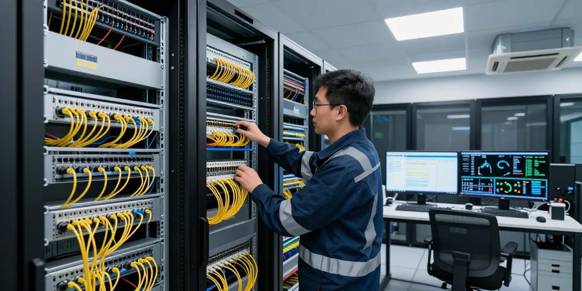 Technician inspecting LC connectors in a modern data center for efficient connectivity.