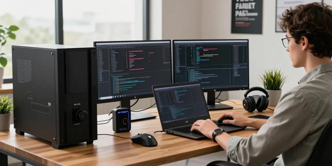 Refurbished PC workspace with professional in action, showcasing laptops and tech.