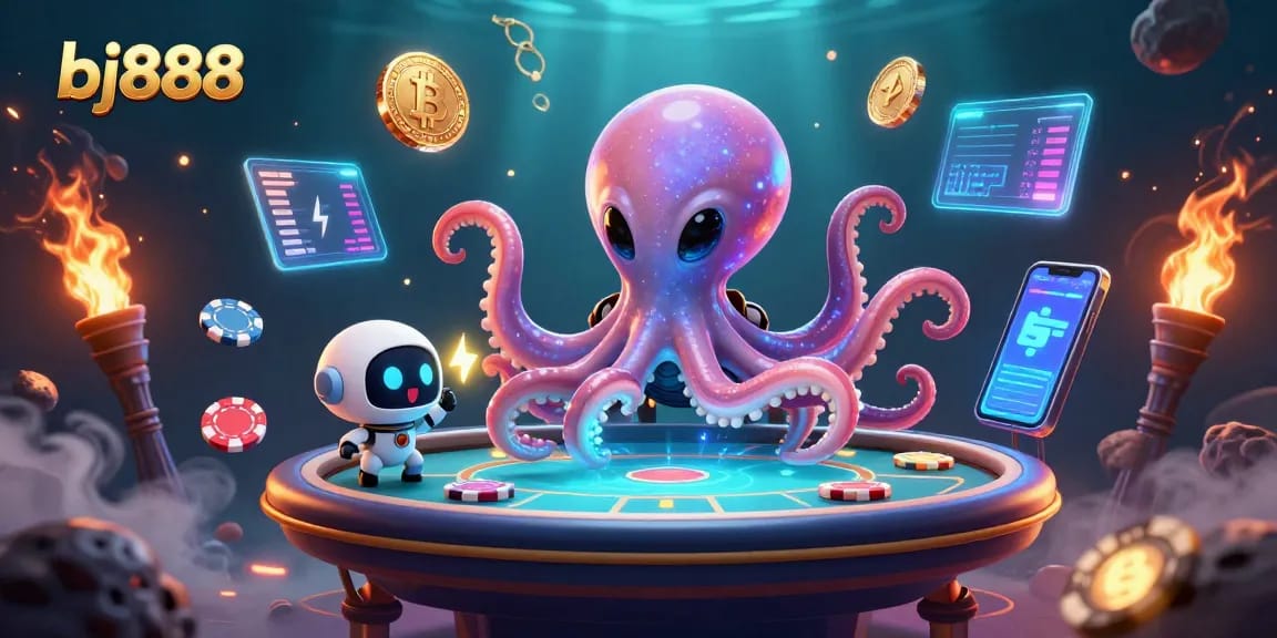 Experience bj888's thrilling holographic poker game with a vibrant 3D digital illustration
