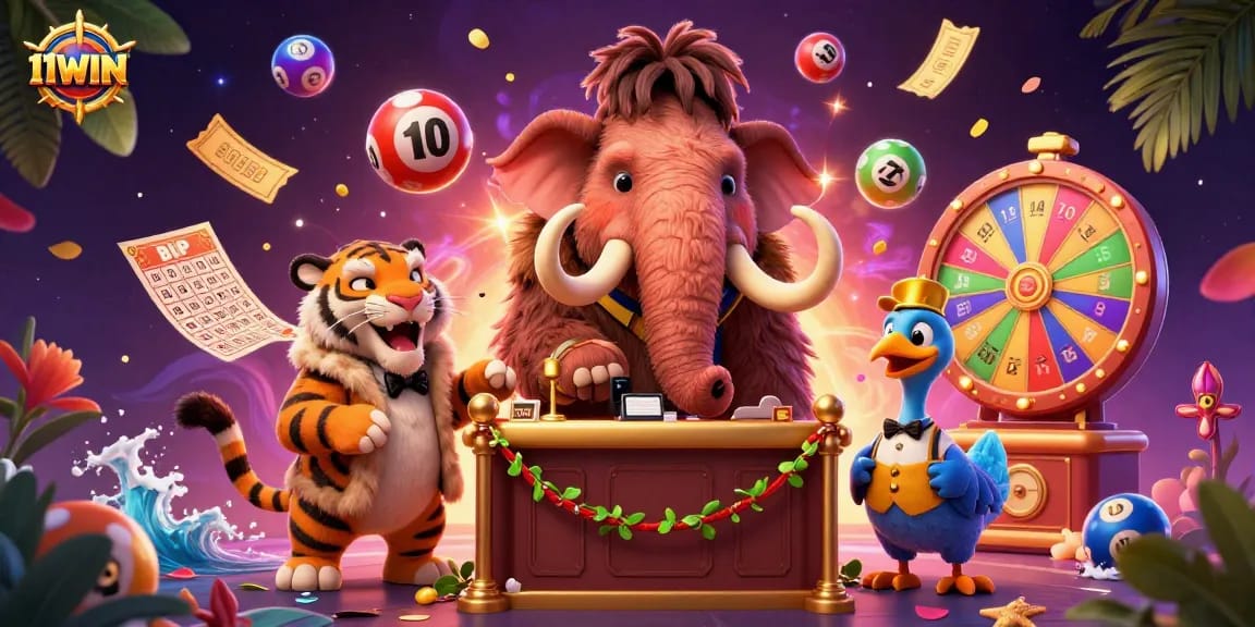 Experience thrilling excitement at 11WIN with a vibrant casino scene featuring dynamic games and lively characters.
