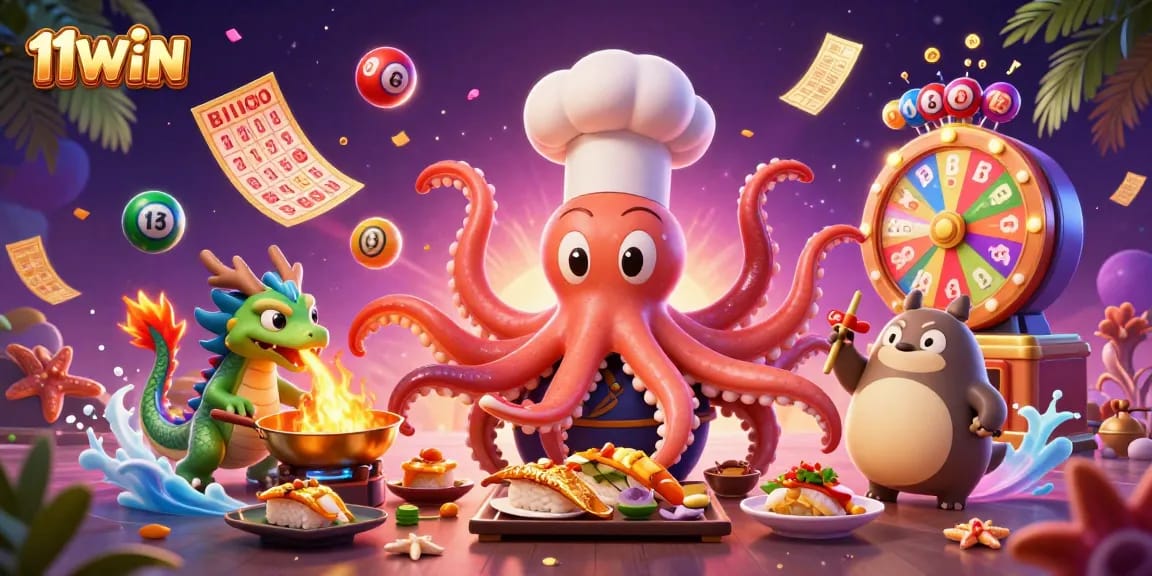 Join the exciting adventure with 11WIN, featuring a sushi chef octopus and vibrant game elements.