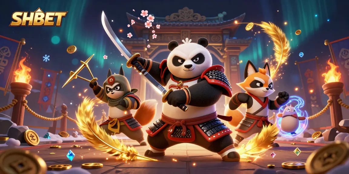 Engage in dynamic SHBET casino gameplay featuring a samurai panda and ninja fox.