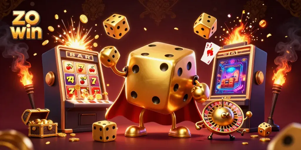 Engage with zo win in this vibrant casino illustration, showcasing golden dice, a dynamic slot machine, and lively casino elements.