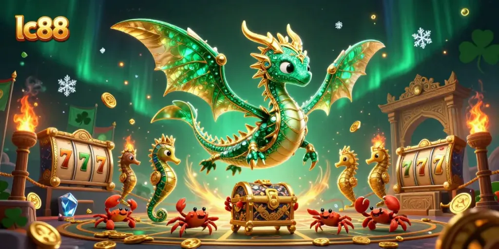 Engage with exciting lc88 slots featuring a sea dragon surrounded by gold coins and treasure.