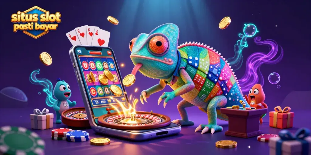 Situs slot pasti bayar illustrates a vibrant casino scene with a colorful chameleon owner and dynamic gaming elements.