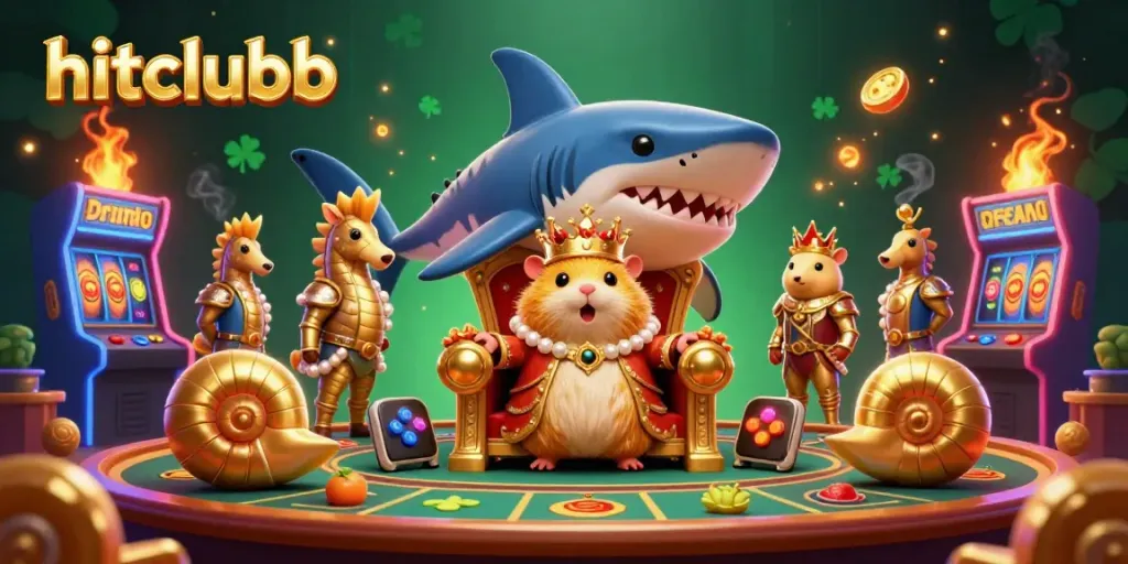 Experience the thrill at hitclubb with a golden hamster king on a megalodon throne amidst vibrant slot reels.
