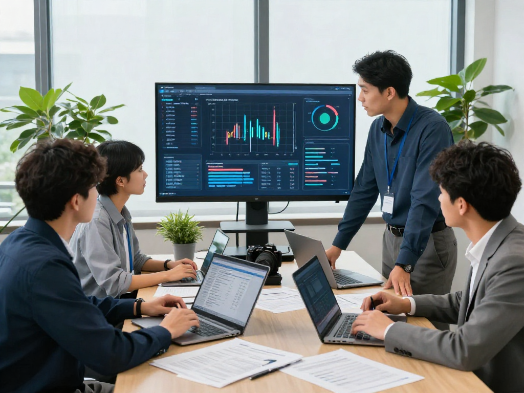 Team discussing document fraud detection strategies in a modern office setting with analytical tools.