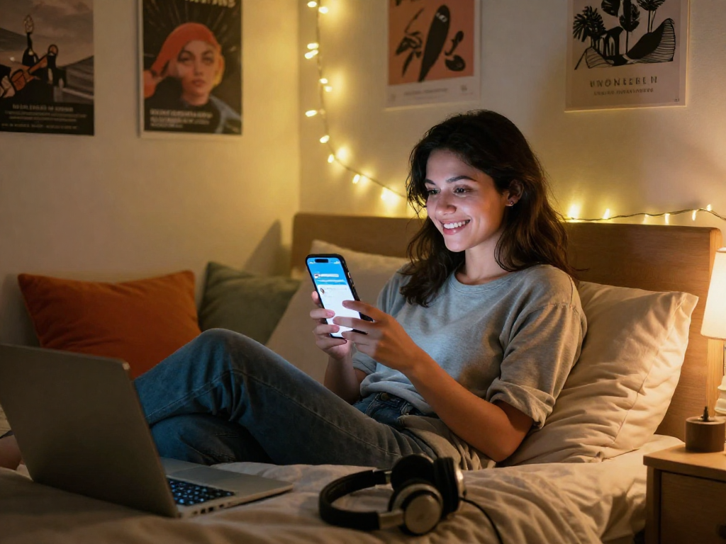 Engaging in porn chat ai on a smartphone in a cozy bedroom setting, showcasing modern digital interaction.