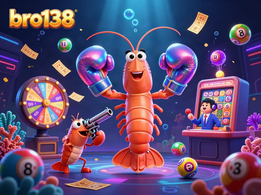 Engage in thrilling action with bro138, a vibrant casino scene showcasing lottery elements and animated characters.