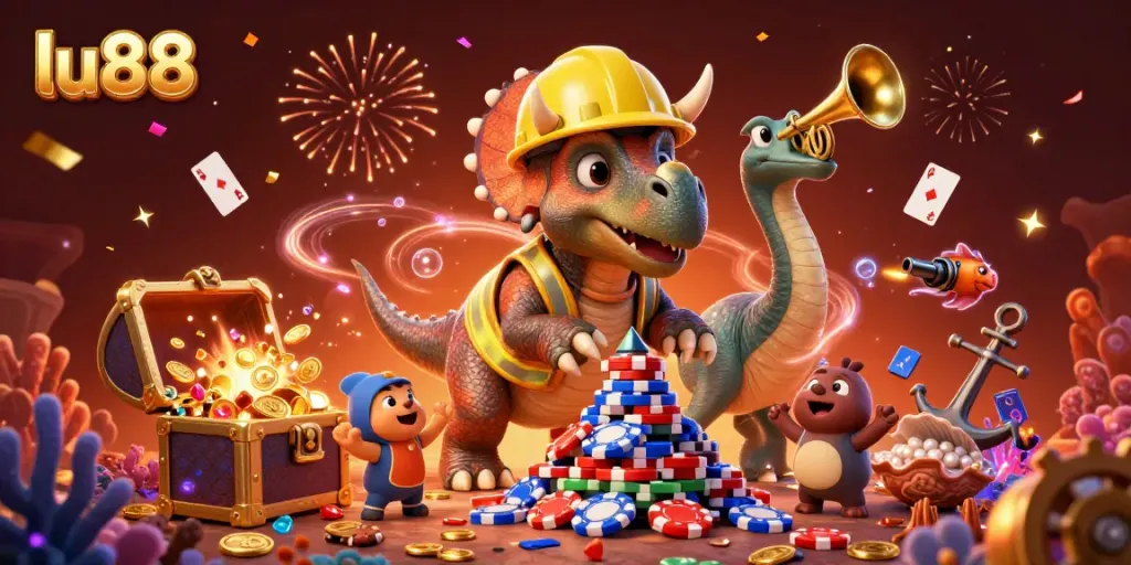 Experience the excitement and winnings at lu88 with a dynamic scene featuring a triceratops and a parasaurolophus celebrating amidst colorful casino elements.